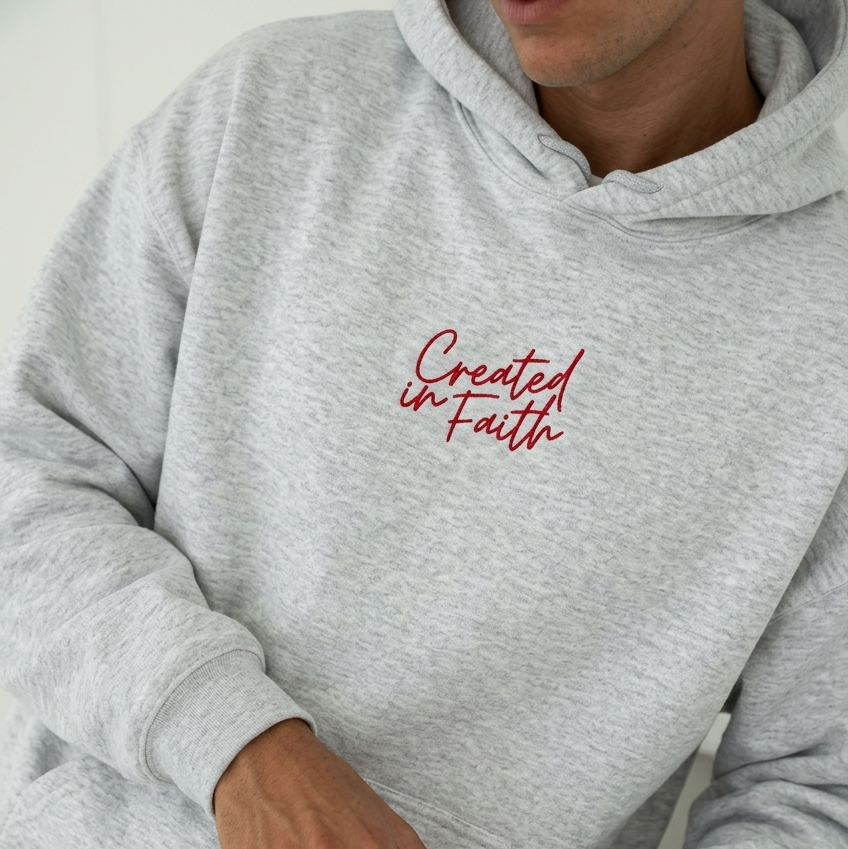 Created in Faith Embroidered Hoodie – Gray Christian Hoodie | Faith-Based Unisex’s Apparel