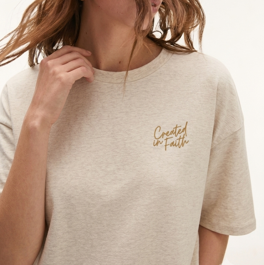 Created in Faith Embroidered T-Shirt – Beige Christian T-shirt | Faith-Based Unisex’s Apparel