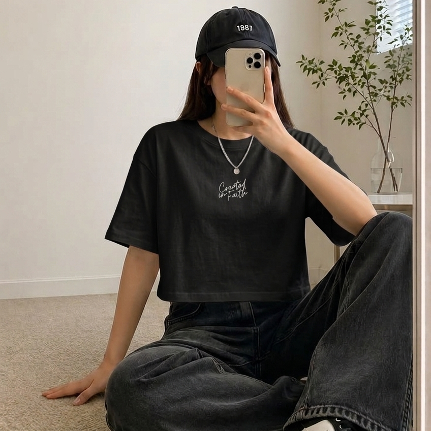 Created in Faith Embroidered Crop Top – Black Christian Cropped T-Shirt | Faith-Based Women’s Apparel