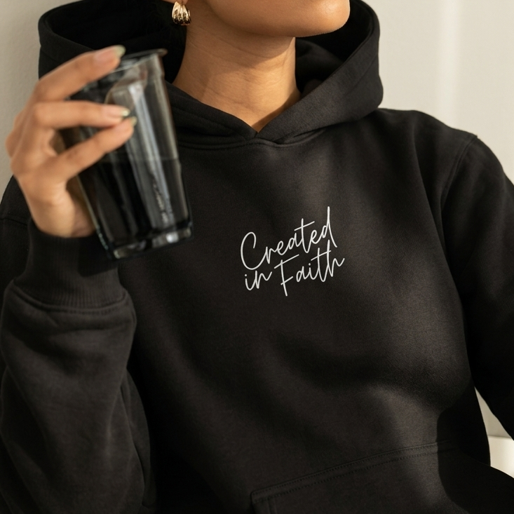 Created in Faith Embroidered Hoodie – Black Christian Hoodie | Faith-Based Unisex’s Apparel