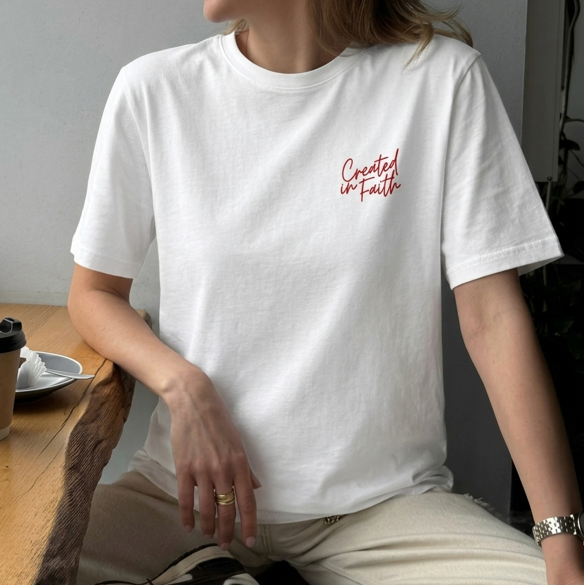 Created in Faith Embroidered T-Shirt – White Christian T-shirt | Faith-Based Unisex’s Apparel