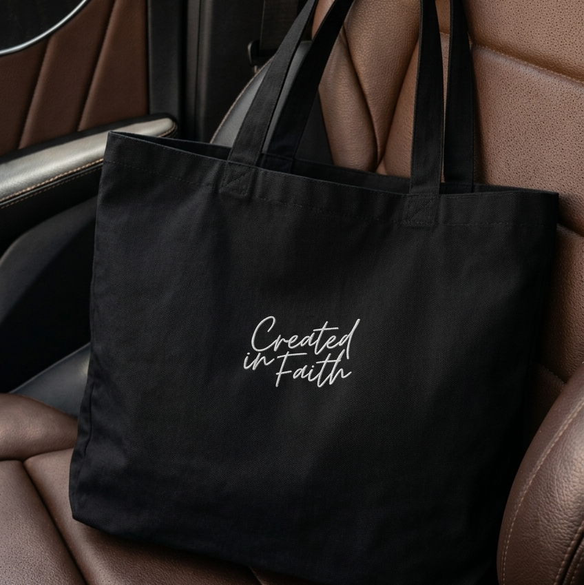 Created in Faith Embroidered Tote Bag – Black Christian Tote Bag | Faith-Based Unisex’s Apparel