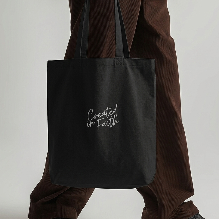 Created in Faith Embroidered Tote Bag – Black Christian Tote Bag | Faith-Based Unisex’s Apparel