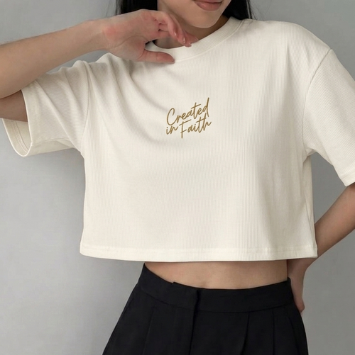 Created in Faith Embroidered Crop Top – Beige Christian Cropped T-Shirt | Faith-Based Women’s Apparel