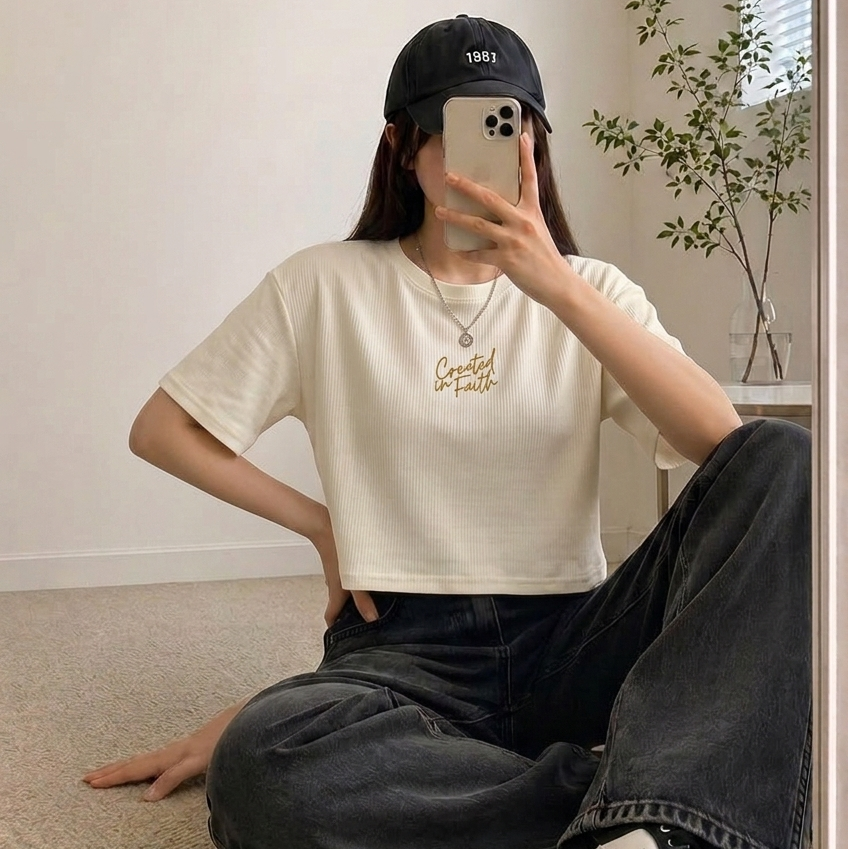 Created in Faith Embroidered Crop Top – Beige Christian Cropped T-Shirt | Faith-Based Women’s Apparel