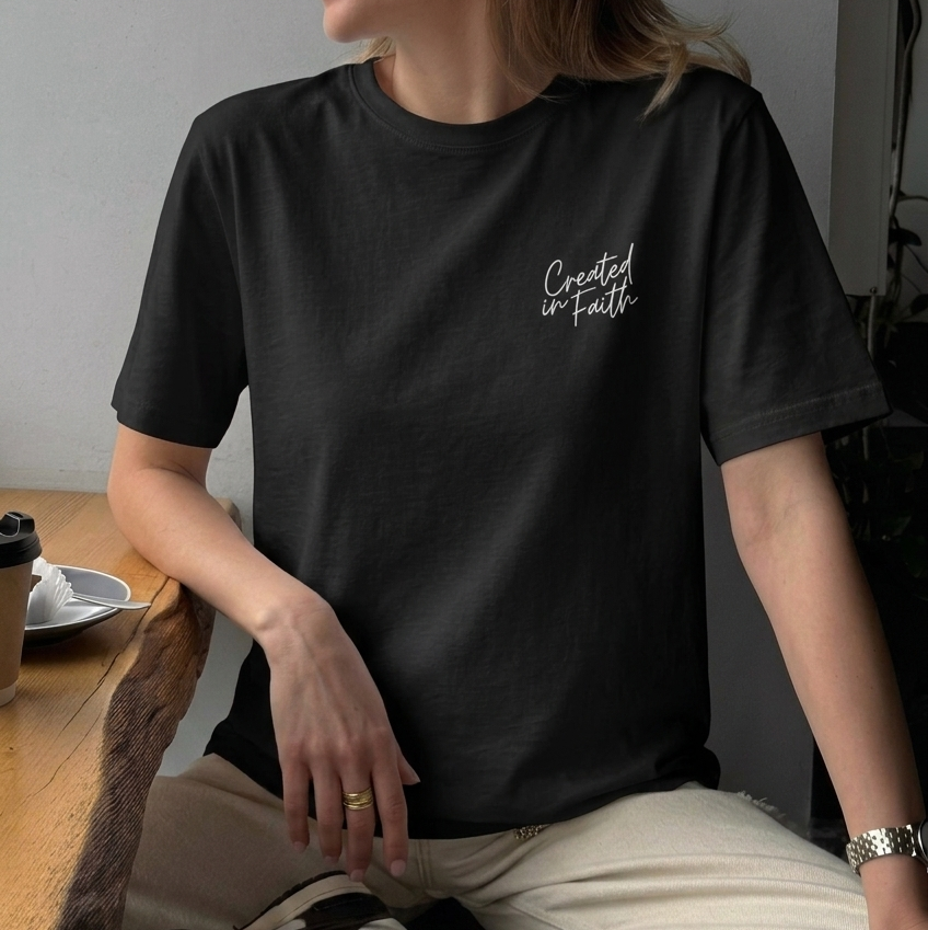 Created in Faith Embroidered T-Shirt – Black Christian T-shirt | Faith-Based Unisex’s Apparel