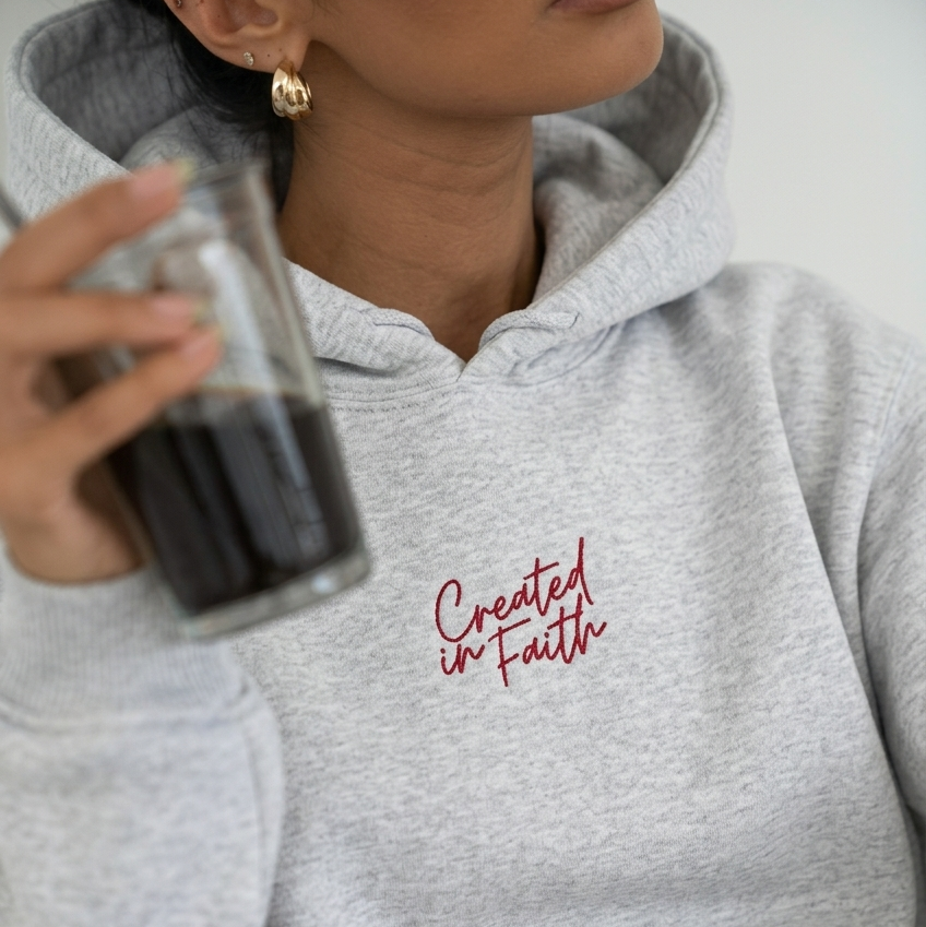 Created in Faith Embroidered Hoodie – Gray Christian Hoodie | Faith-Based Unisex’s Apparel