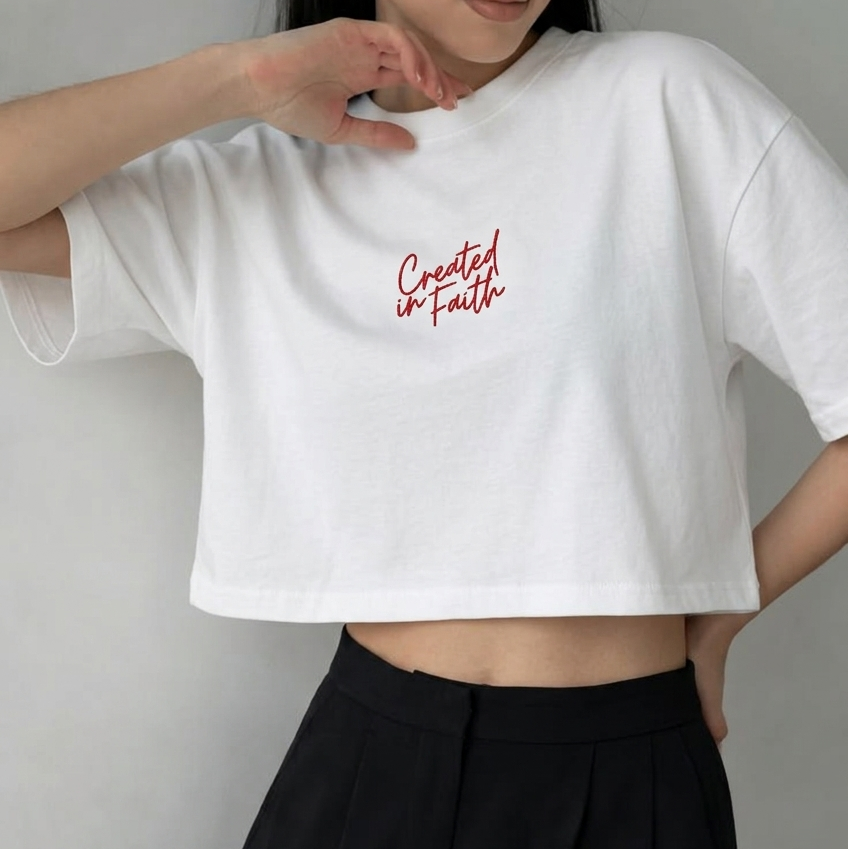 Created in Faith Embroidered Crop Top – White Christian Cropped T-Shirt | Faith-Based Women’s Apparel