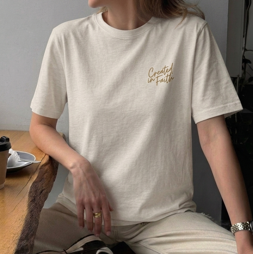 Created in Faith Embroidered T-Shirt – Beige Christian T-shirt | Faith-Based Unisex’s Apparel