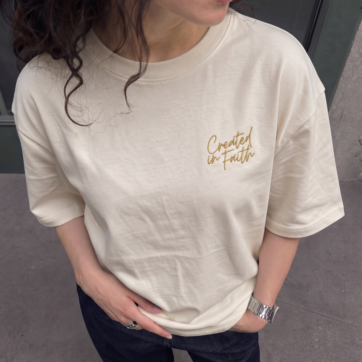 Created in Faith Embroidered T-Shirt – Beige Christian T-shirt | Faith-Based Unisex’s Apparel