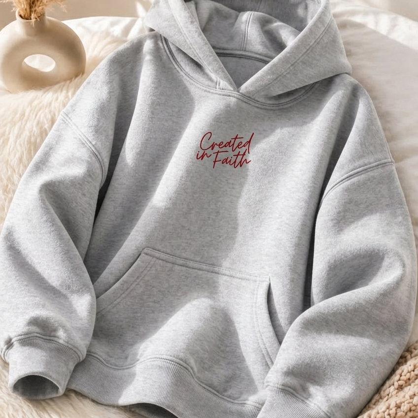 Created in Faith Embroidered Hoodie – Gray Christian Hoodie | Faith-Based Unisex’s Apparel