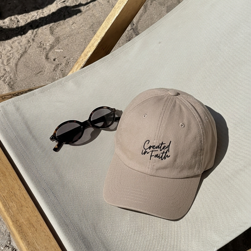 Created in Faith Embroidered Cap – Beige Christian Cap | Faith-Based Unisex’s Apparel
