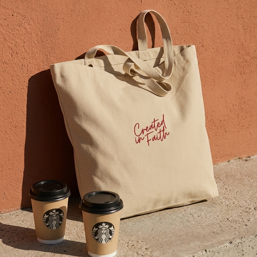 Created in Faith Embroidered Tote Bag – Beige Christian Tote Bag | Faith-Based Unisex’s Apparel