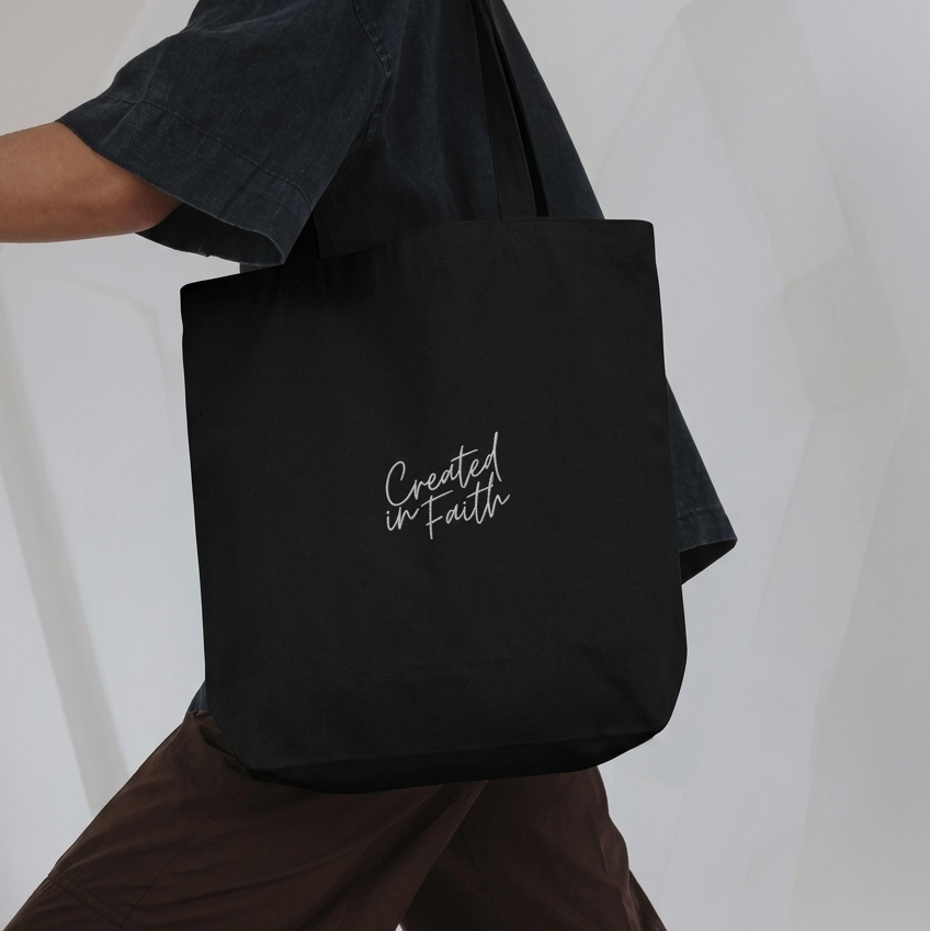 Created in Faith Embroidered Tote Bag – Black Christian Tote Bag | Faith-Based Unisex’s Apparel
