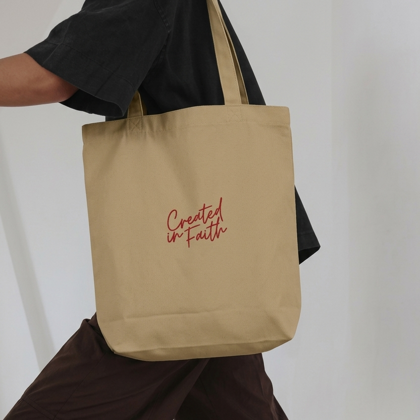 Created in Faith Embroidered Tote Bag – Beige Christian Tote Bag | Faith-Based Unisex’s Apparel