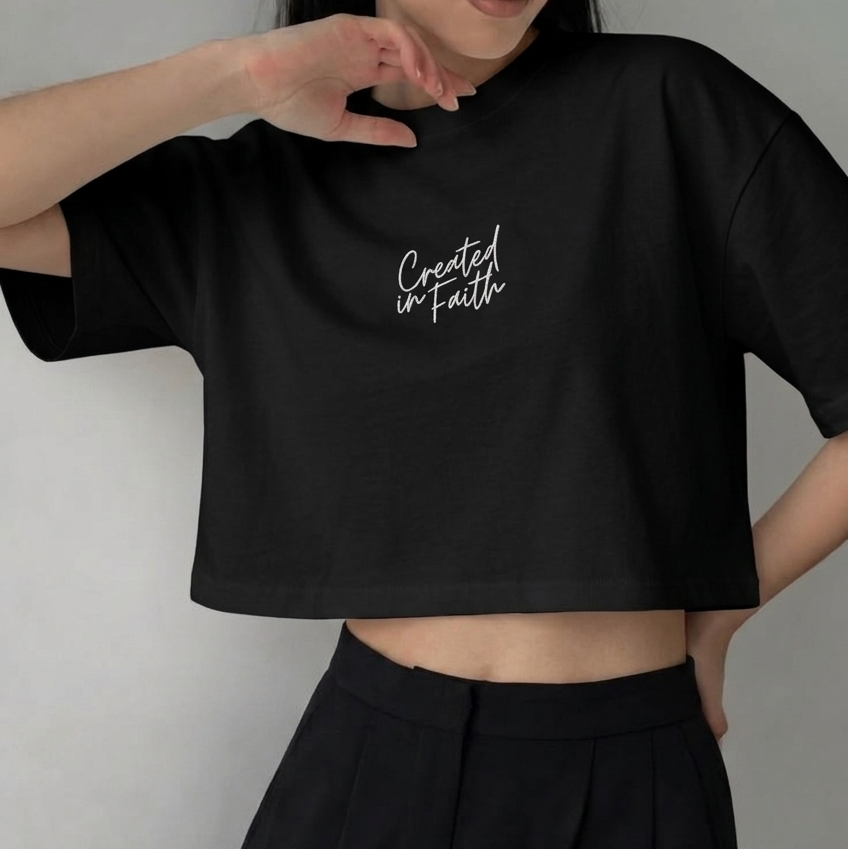 Created in Faith Embroidered Crop Top – Black Christian Cropped T-Shirt | Faith-Based Women’s Apparel