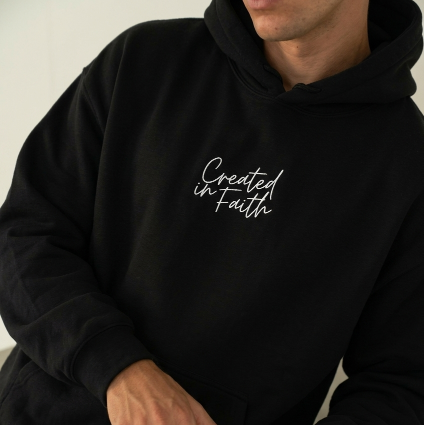 Created in Faith Embroidered Hoodie – Black Christian Hoodie | Faith-Based Unisex’s Apparel