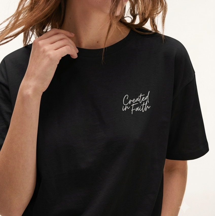Created in Faith Embroidered T-Shirt – Black Christian T-shirt | Faith-Based Unisex’s Apparel