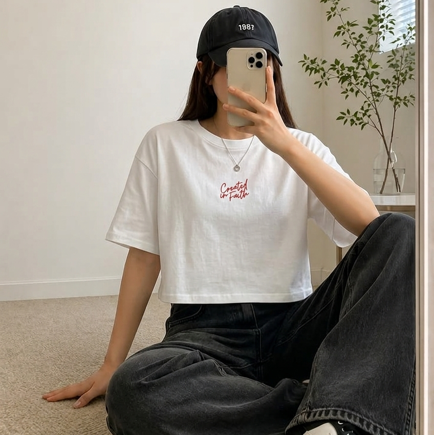 Created in Faith Embroidered Crop Top – White Christian Cropped T-Shirt | Faith-Based Women’s Apparel