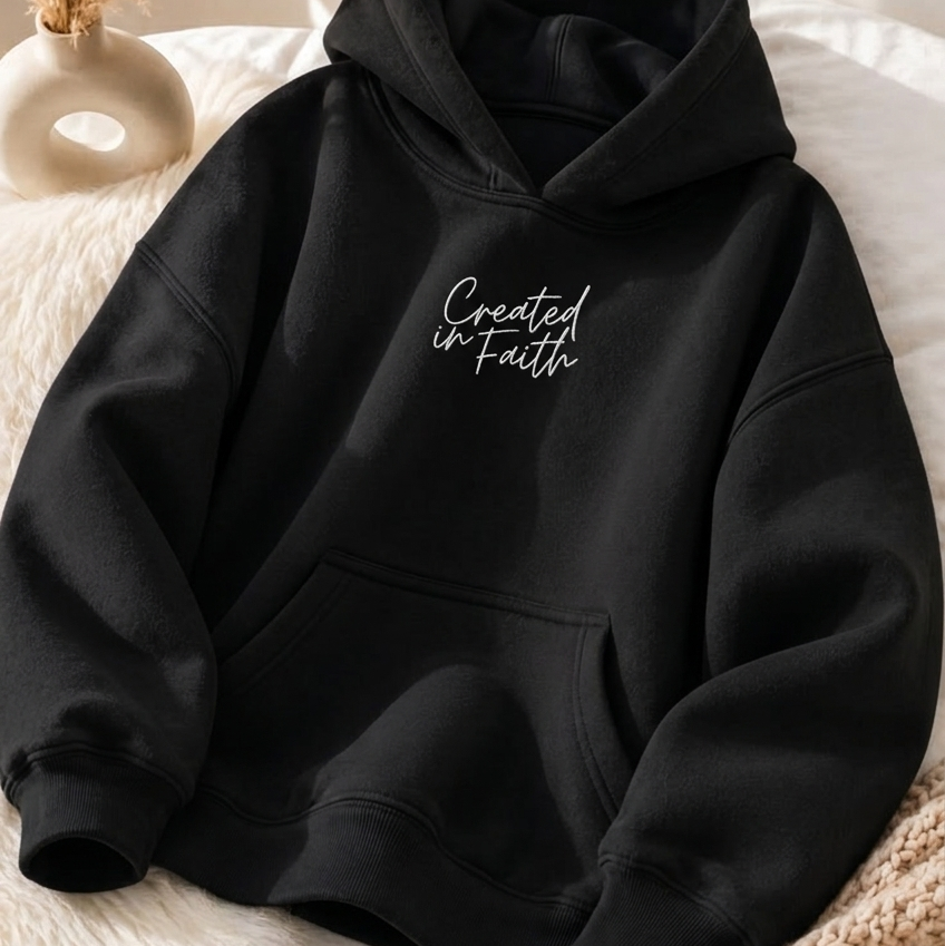 Created in Faith Embroidered Hoodie – Black Christian Hoodie | Faith-Based Unisex’s Apparel