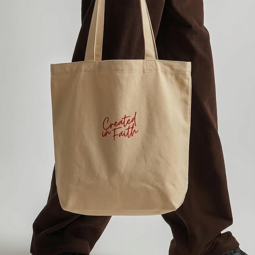 Created in Faith Embroidered Tote Bag – Beige Christian Tote Bag | Faith-Based Unisex’s Apparel